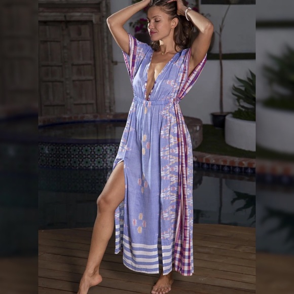 Bali Chambray Sexy Slit Cotton Beach Maxi Dress - Picture 2 of 3